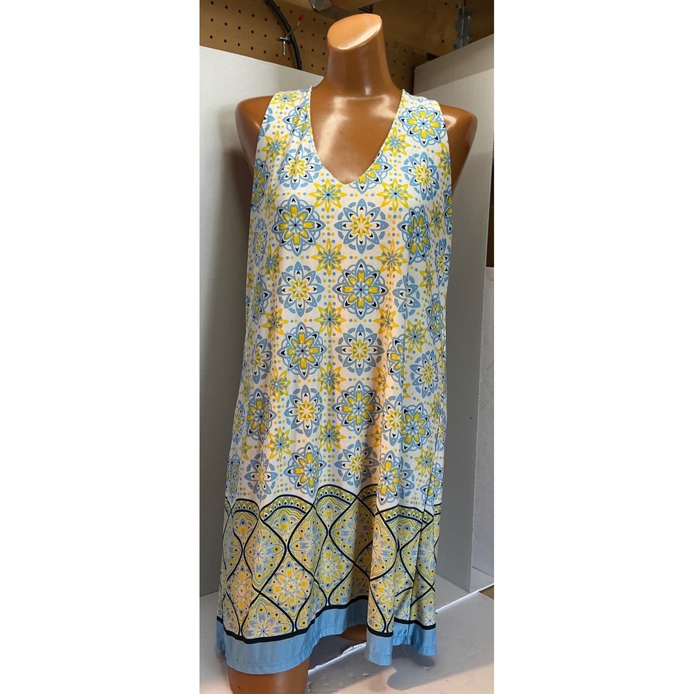 Beach Break Sleeveless Medallion Print Racerback Dress Medium Blue Yellow Casual
